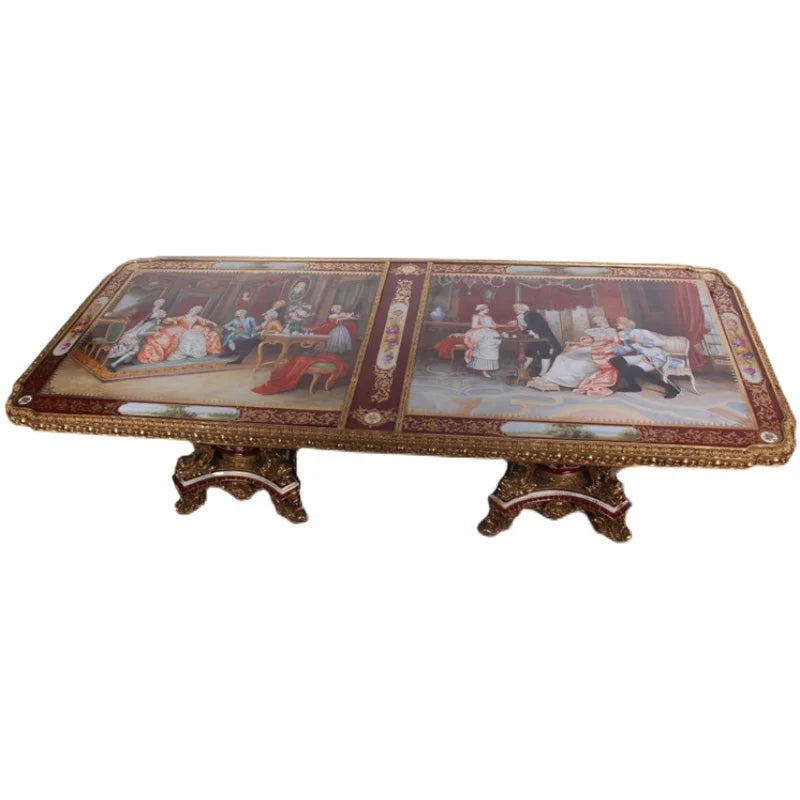 Restaurant furniture European carving metal all-copper ceramic painting 2.8 meters long dining table red ceramic villa mansion