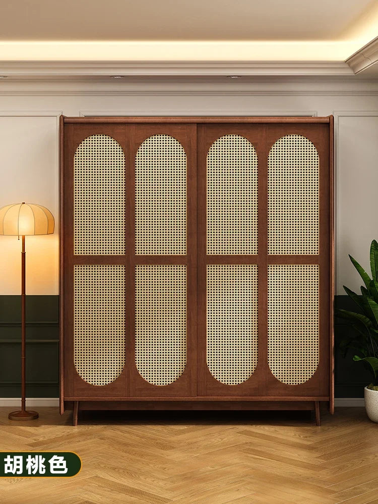 Solid Wood Wardrobe – American and French Style, Retro Design with Rattan Sliding Doors