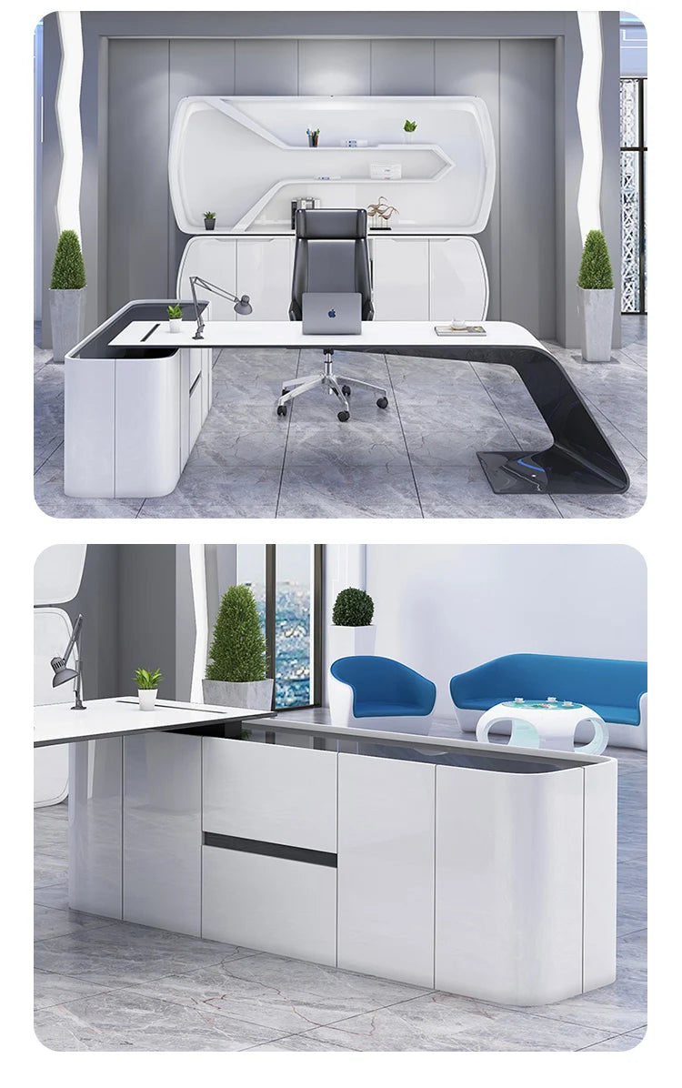 For LBZ07 furniture white color CEO boss desk L shape office table High End Luxury Modern Wooden Office Desk