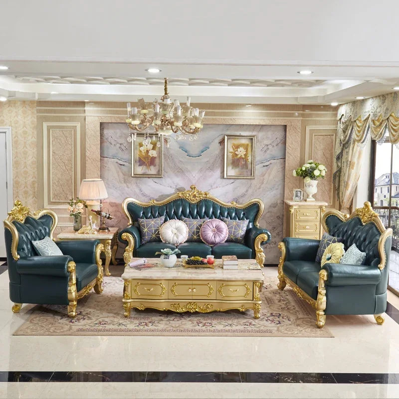 European Solid Wood 123 Sofa Set: Luxury American Villa Design with Leather Upholstery for Living Rooms.