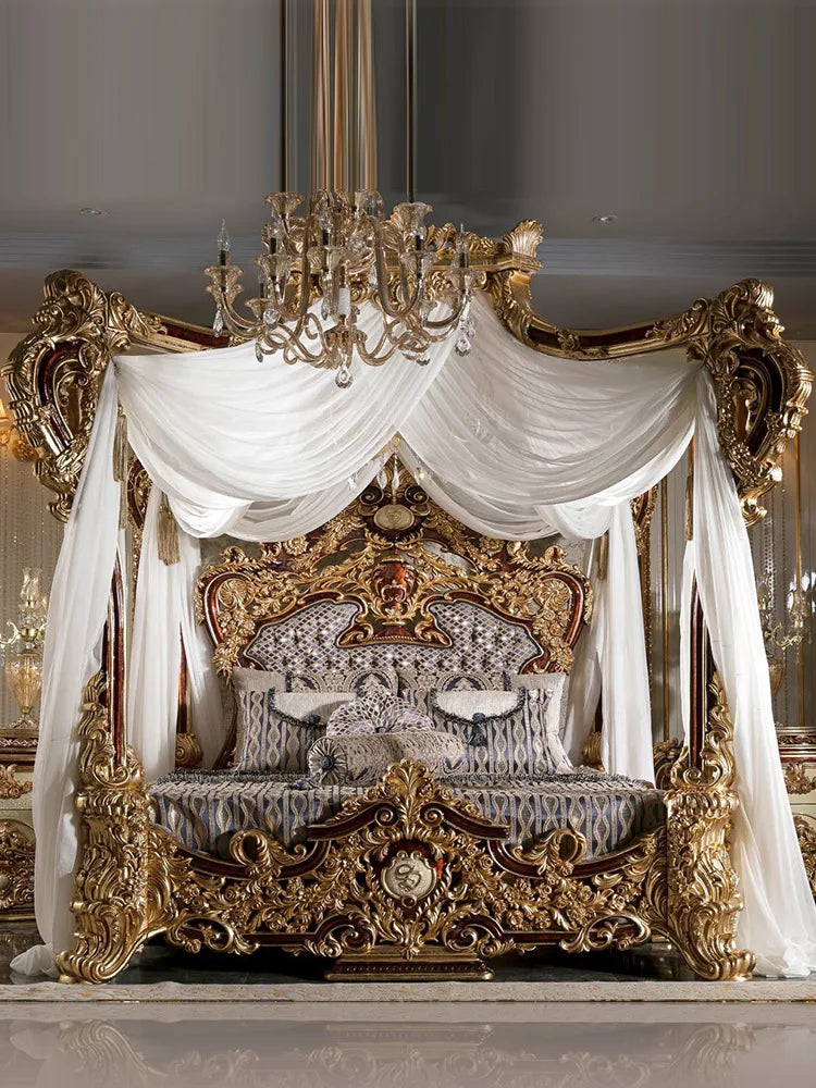 Wood Carved Palace Luxury Canopy Bed Villa Princess Bed