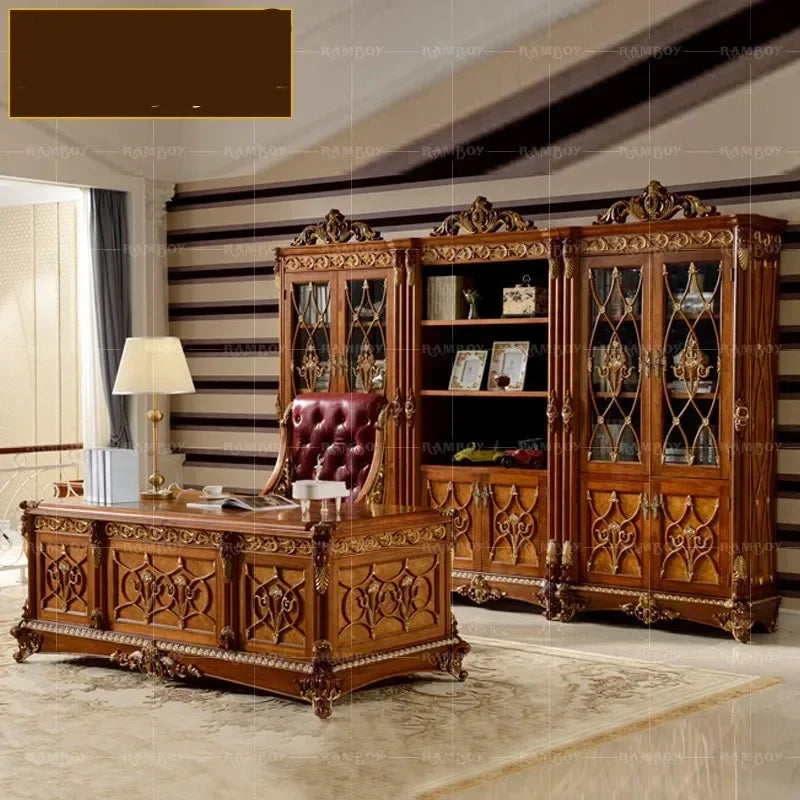 Custom villa furniture featuring an American luxury European-style desk, crafted from solid wood with intricate carvings.
