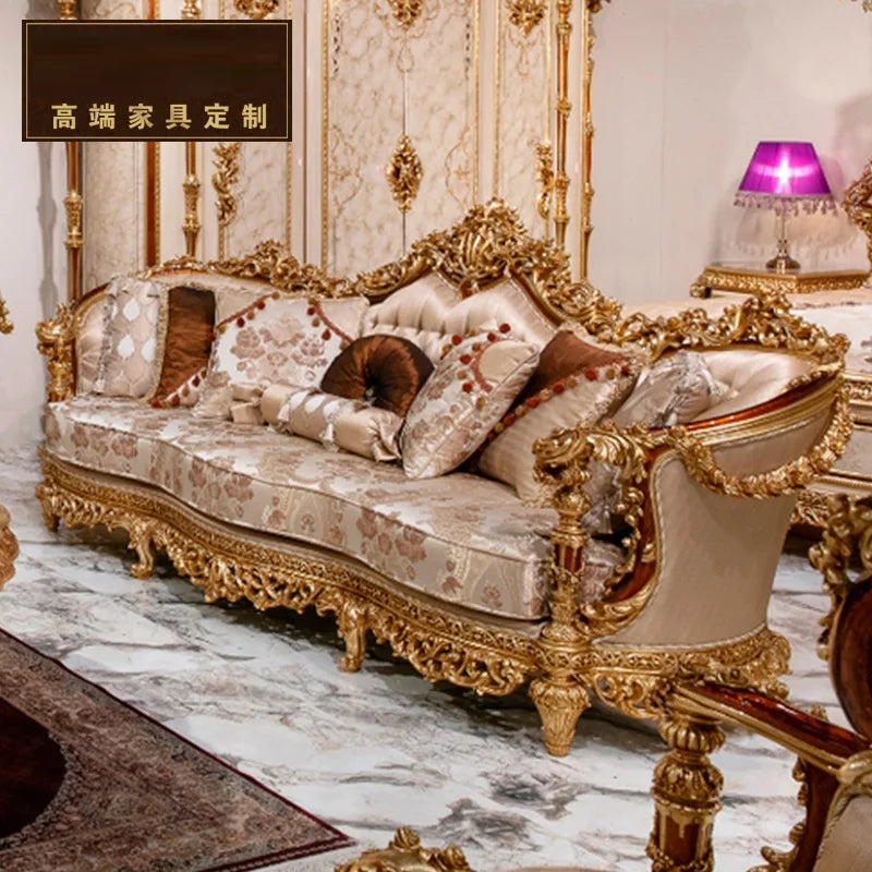 European Classic Fabric Sofa – French Luxury Solid Wood Carved Sofa for High-End Villas