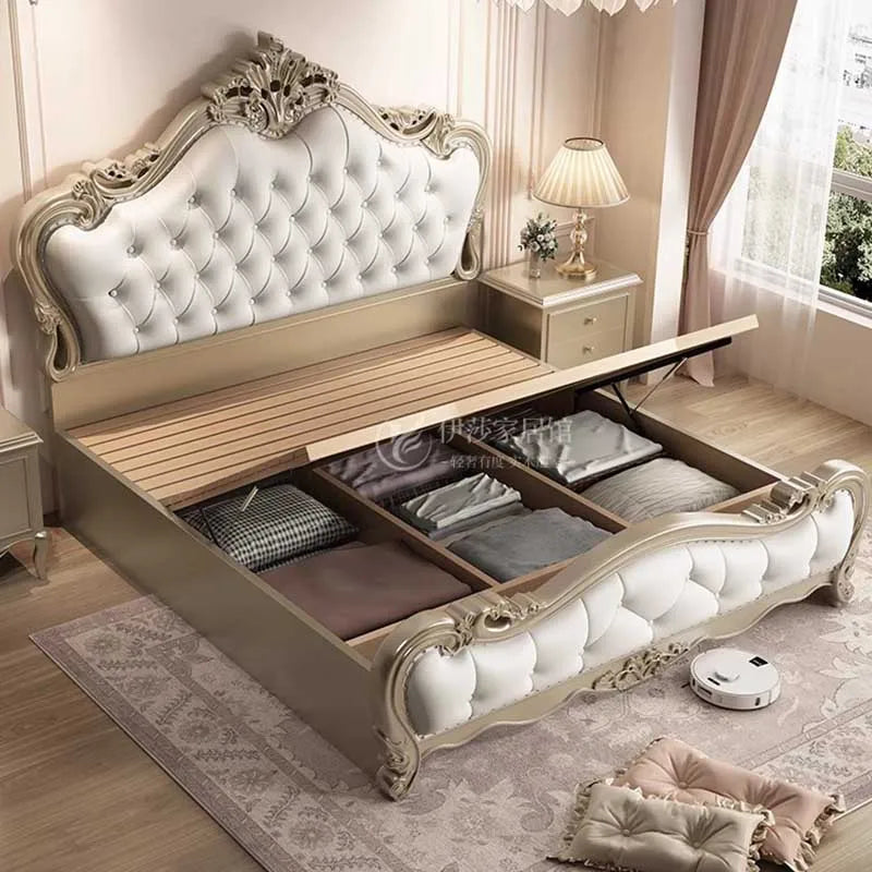 King Size Bed Frame European Luxury Glamorous Aesthetic Modern Twin Bed Frame Storage Design Sleeping Cama De Casal Furniture