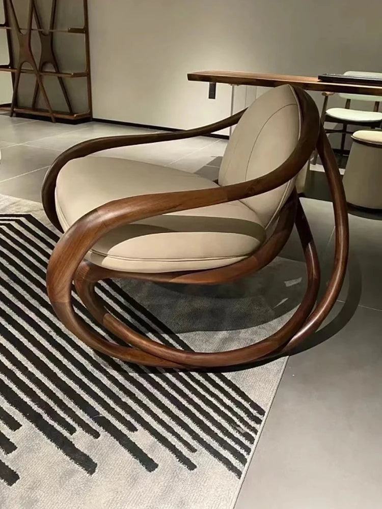 Designer rocking chair: a solid wood leather leisure chair