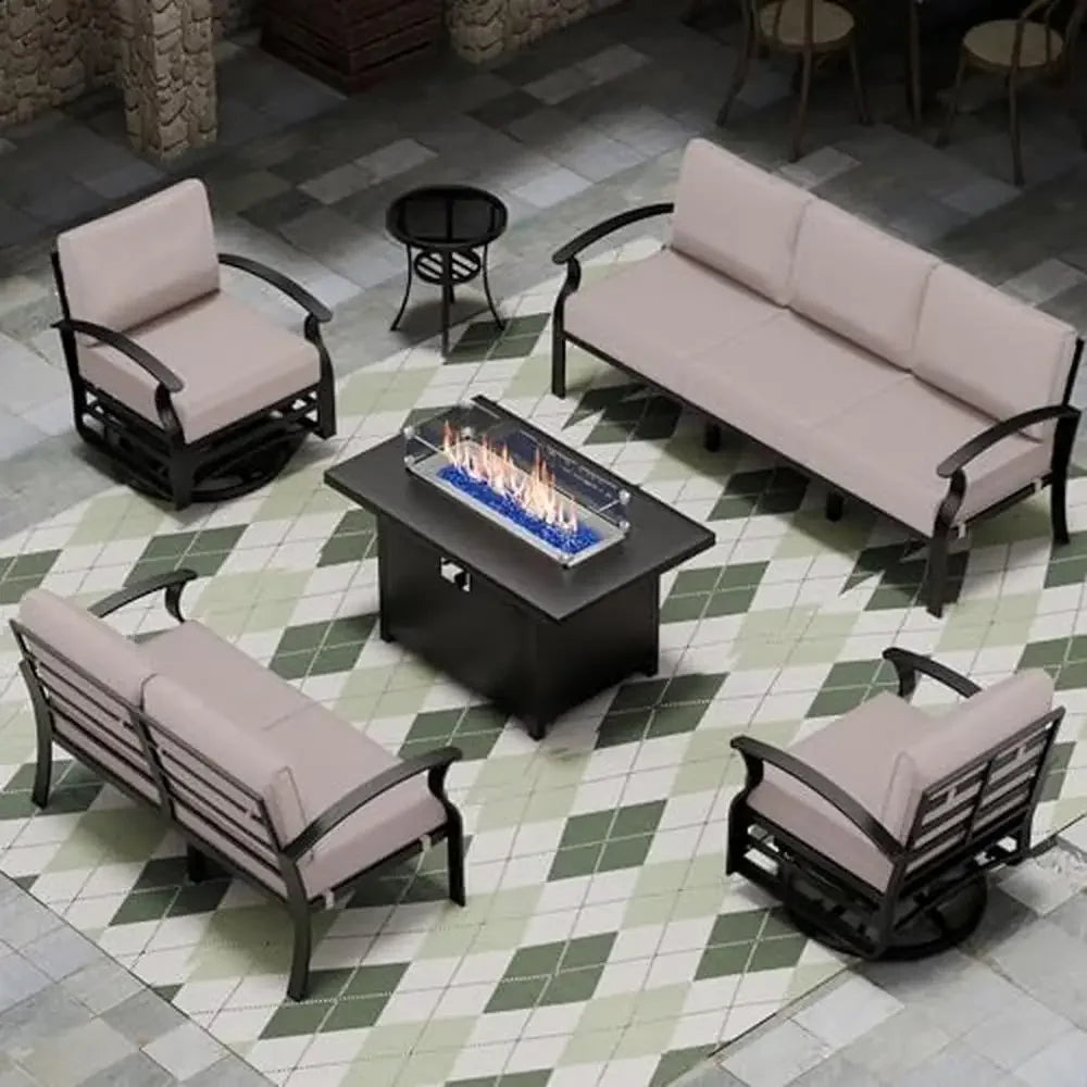 7-Seater Aluminum Patio Furniture Set with Fire Pit Table and Swivel Chairs, featuring Modern Design and Thick Cushions