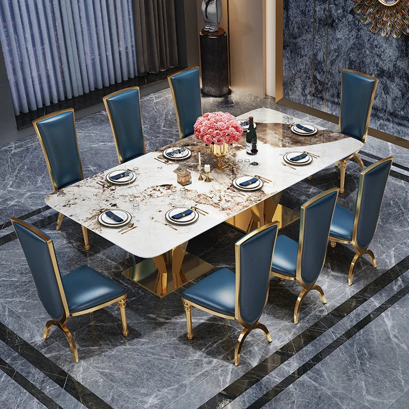 Stainless steel rock plate dining table chair combination rectangular large family marble dining table 10 people