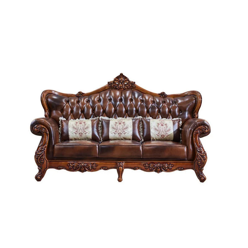 European 123 Sofa Set: Small Apartment Size with Solid Wood Carvings, Retro Floral Design, and High-End American Leather