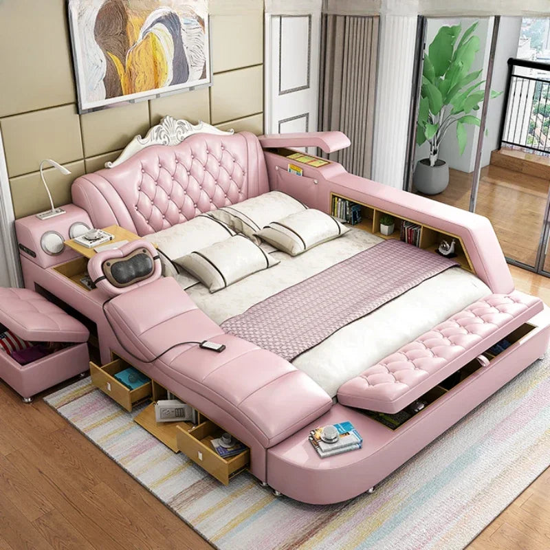 White High End Double Bed Designer European Luxury Modern Twin Bed Frame Platform Multifunctional