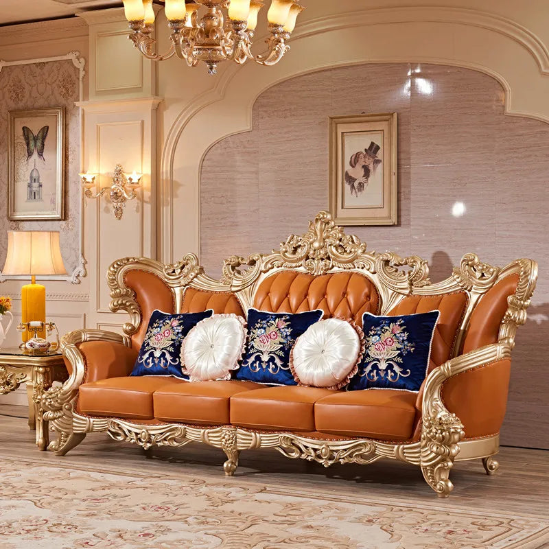 uropean-Style Leather Sofa: Full Solid Wood Carved, High-End Chaise for Small to Medium Living Rooms, 124 Seats Combination