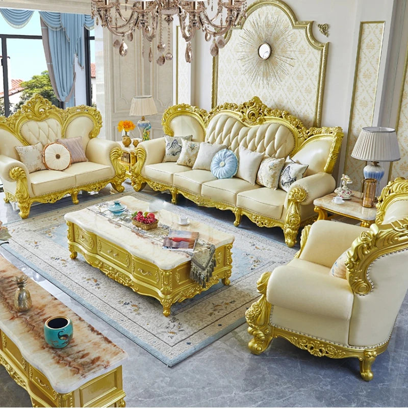 European Style Solid Wood Sofa – Genuine Leather Combination for Large Family Living Room