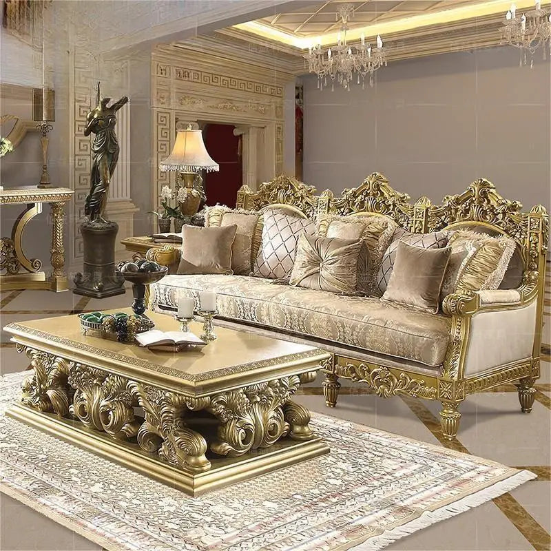 European style large living room sofa villa carved all solid wood sofa coffee table combination