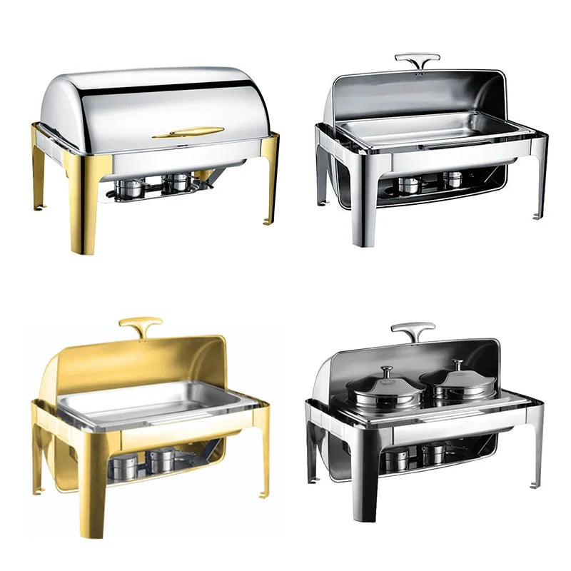 Commercial Chafing Dish – Rectangular Golden Buffet Food Warmer for Catering and Restaurant Equipment.
