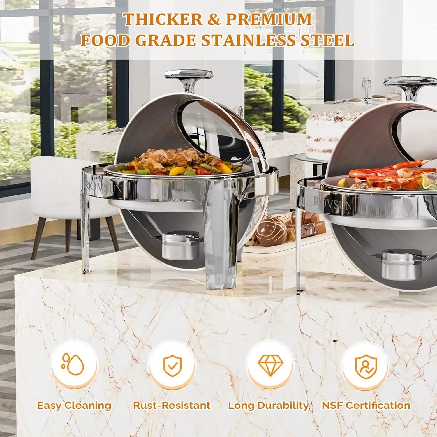 ROVSUN 3 Packs Roll Top Chafing Dish Buffet Set,6 Quart Round Stainless Steel Chafer for Catering,Buffet Servers