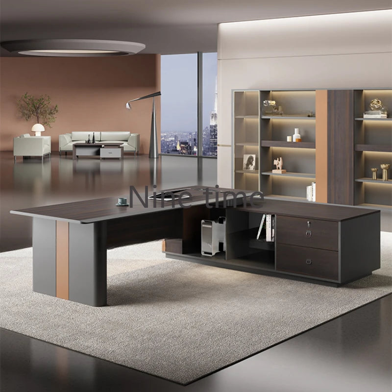 Luxury Retro Office Desks—L-Shaped Standing Monitor Organizers