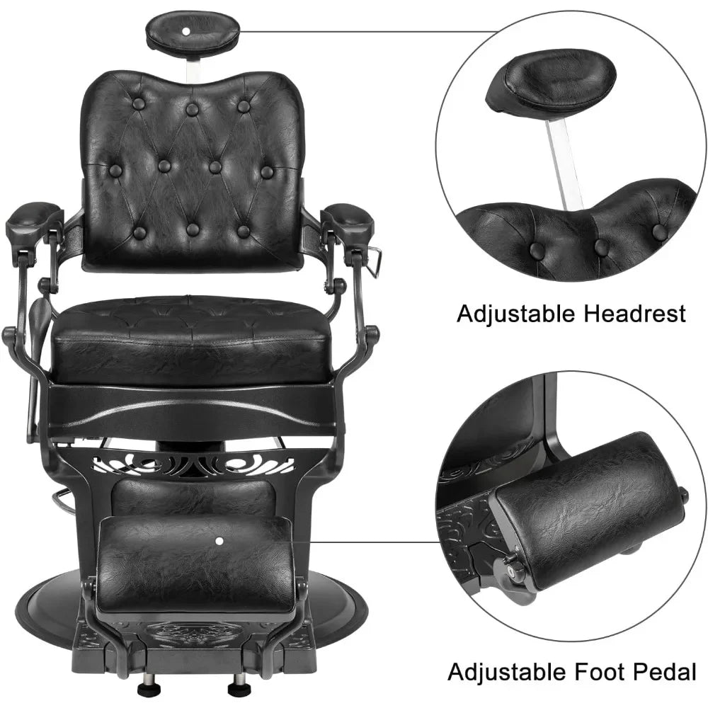 Heavy-Duty Vintage Barber Chair – Hydraulic Recline with Headrest for Salons and Spas