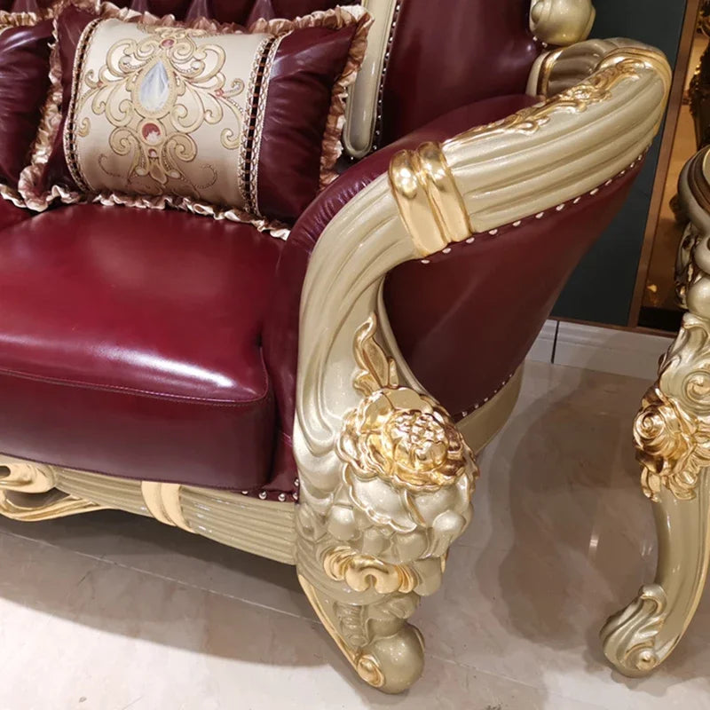 New European-style Leather Sofa 123 Combination Living Room Luxury Solid Carved High-end Champagne Gold Foil Couch Furniture