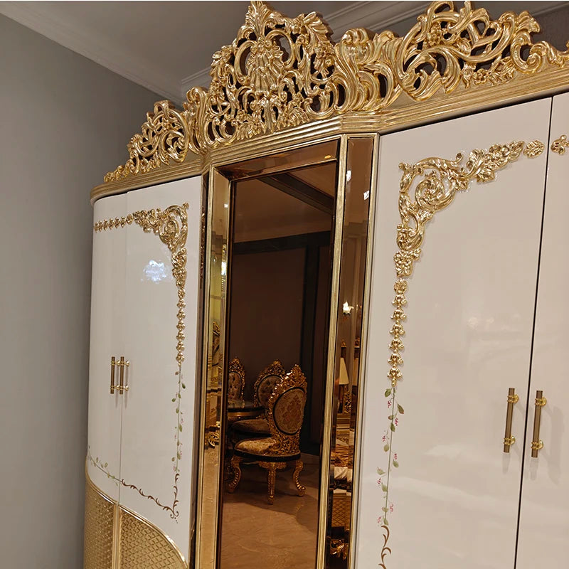 French Solid Wood Wardrobe – Luxury Villa Design, White Flat Doors, Hand-Painted Art with Gold Foil
