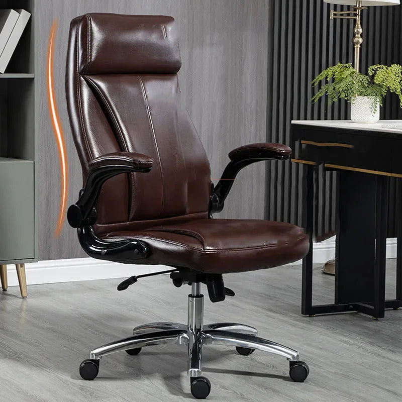Luxury ergonomic office chair with swivel, pillow, and wheels.