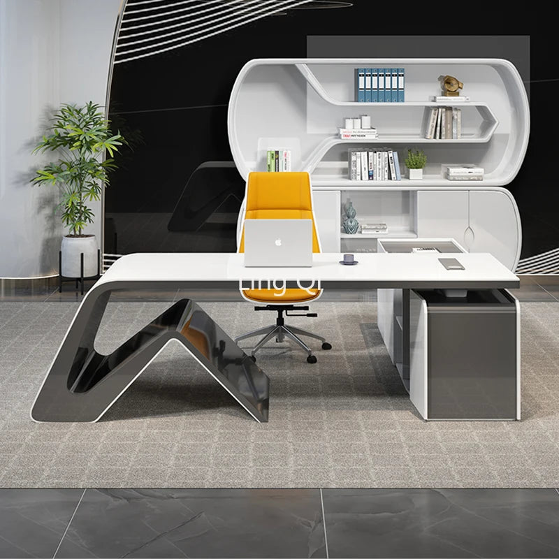 Designer modern office desk—L-shaped executive organizer,