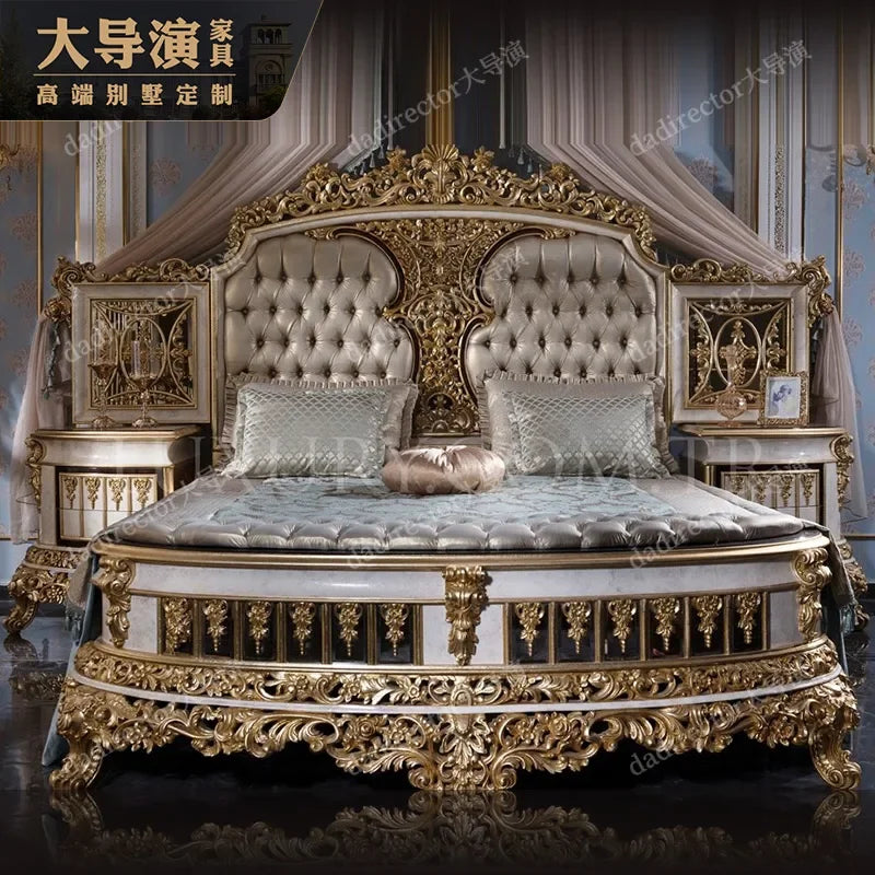 Luxury double bed in solid wood with fabric upholstery