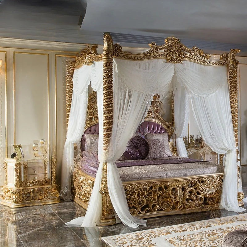 French Palace Bed – Luxury European Solid Wood, Carved, 1.8m Large, Villa and Wedding Use