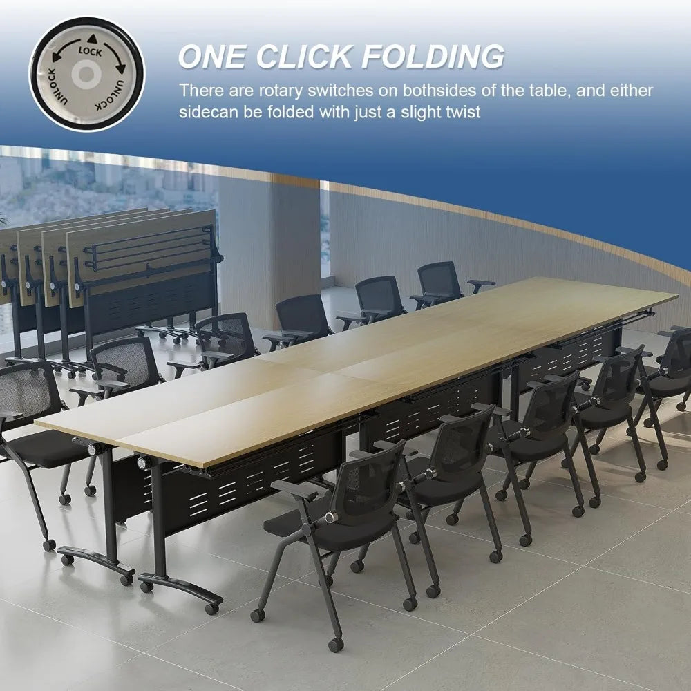 6-Pack Conference Tables for 12-16 People, Modern Flip-Top Training Room Tables with Wheels, Space-Saving Rectangle Design