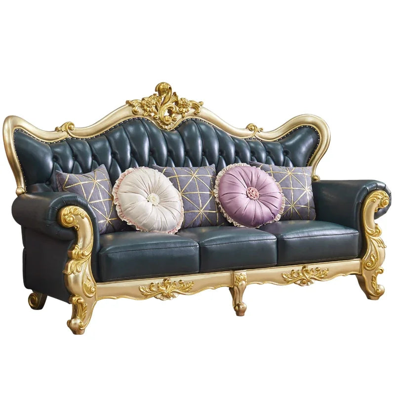 European Solid Wood 123 Sofa Set: Luxury American Villa Design with Leather Upholstery for Living Rooms.