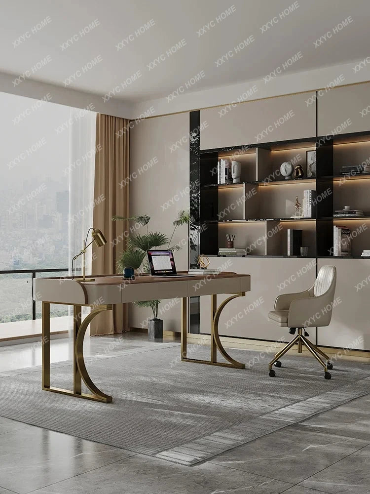 Saddle leather in the ancient style light luxury solid wood study computer desk boss writing desk living room study table