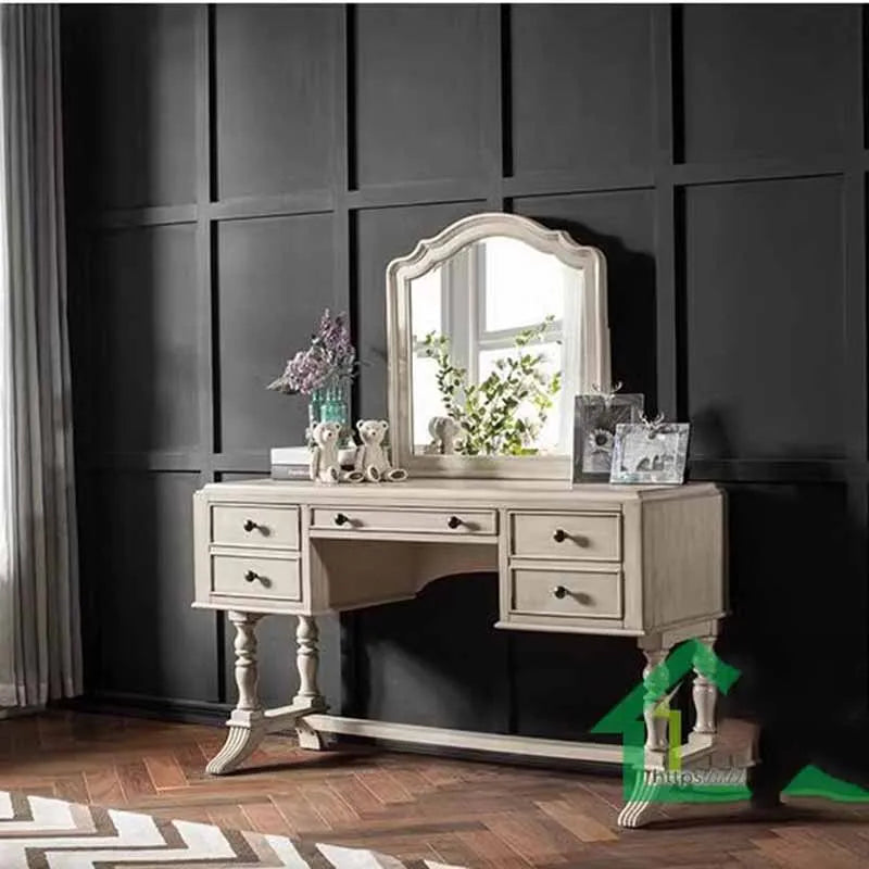 Luxury Wooden Dressing Table with Stool, Large Storage for Girls