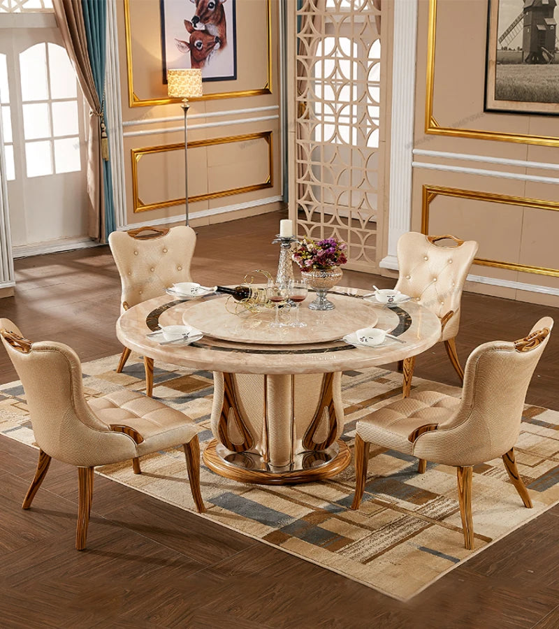 European Marble Dining Table: Nordic Light Beige, Round with Turntable, Perfect for Villa Family Dining.