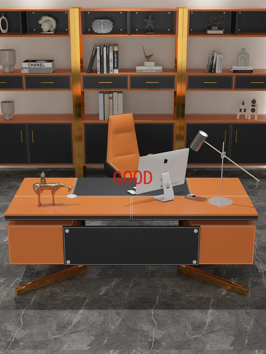 Luxury Modern Minimalist Desk Study Home Saddle Leather Designer Writing Desk Computer Mesa De Escritorio Office Furniture KMOD