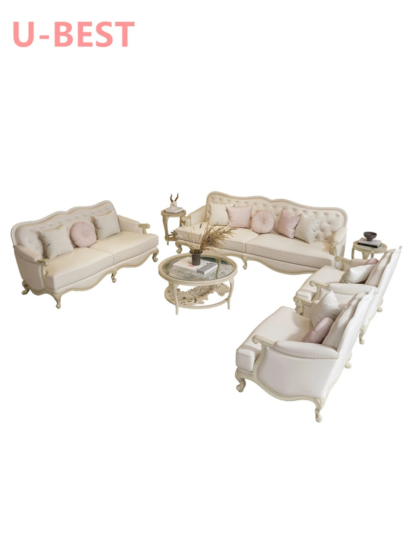 U-BEST Antique Style Hand Carved Solid Oak Wood Frame Sofa Fabric Cushion Loveseat Royal Gold Stainless Steel Wedding Sofa