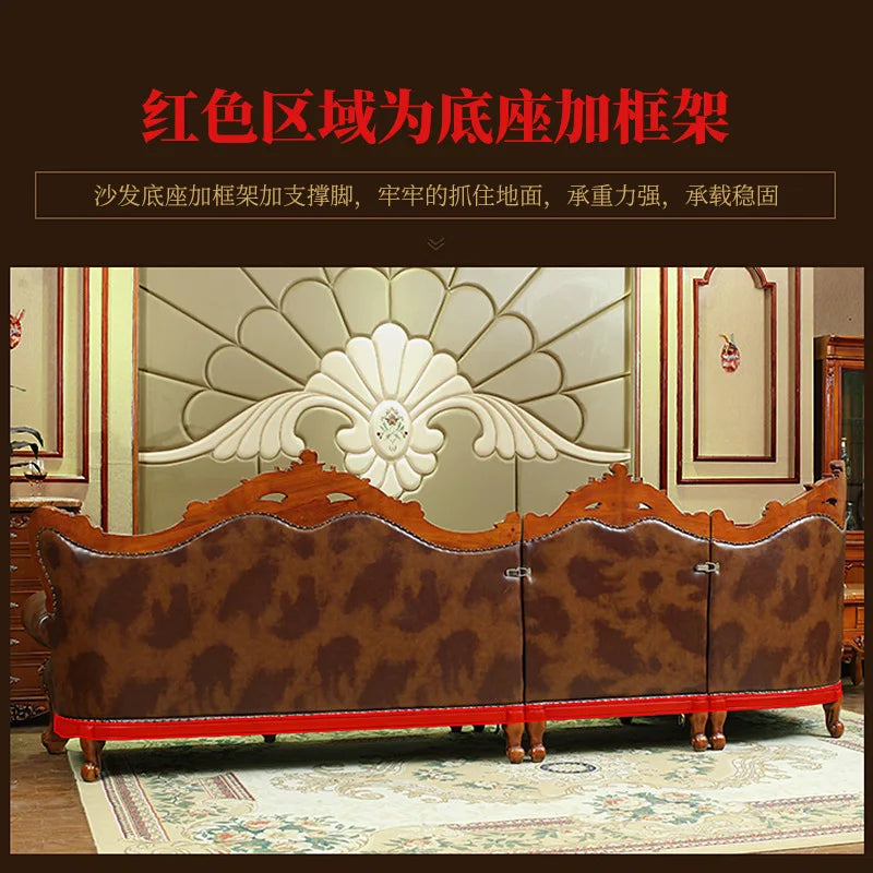 European-style corner sofa made from first-layer leather and American cowhide. Luxurious design with solid wood carvings, perfect for villa living rooms.