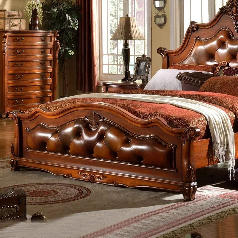 American Style Carved Leather Bed – Classic Wooden Bedroom Set for Villa Furnishings