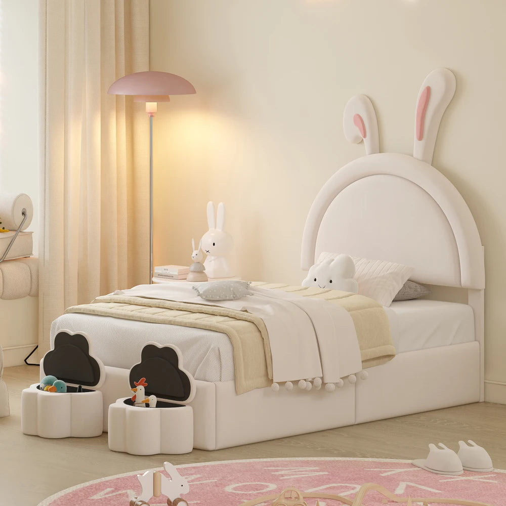 Upholstered Rabbit-Shape Bed with 2 Storage Stools, Velvet Platform Bed with Cartoon Ears Shaped Headboard, White Beds