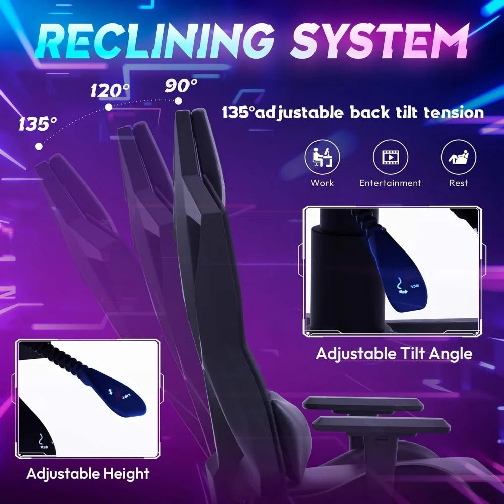 Gaming Chair with LED Lights, Ergonomic Computer Chair for Adults, Reclining Chair, with Adjustable Lumbar Support, Headrest
