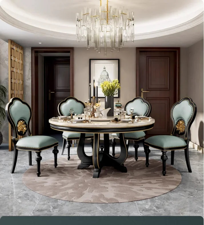 American Marble & Solid Wood Round Dining Table with Turntable – Light Luxury Dining Table & Chair Set