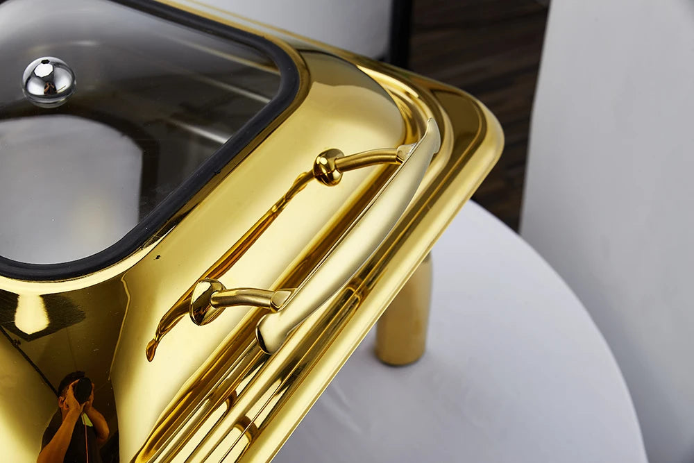 Nice round glass lid window hydraulic soft closing gold colour buffet chafers set hold accent food warmers buffet chafing dish