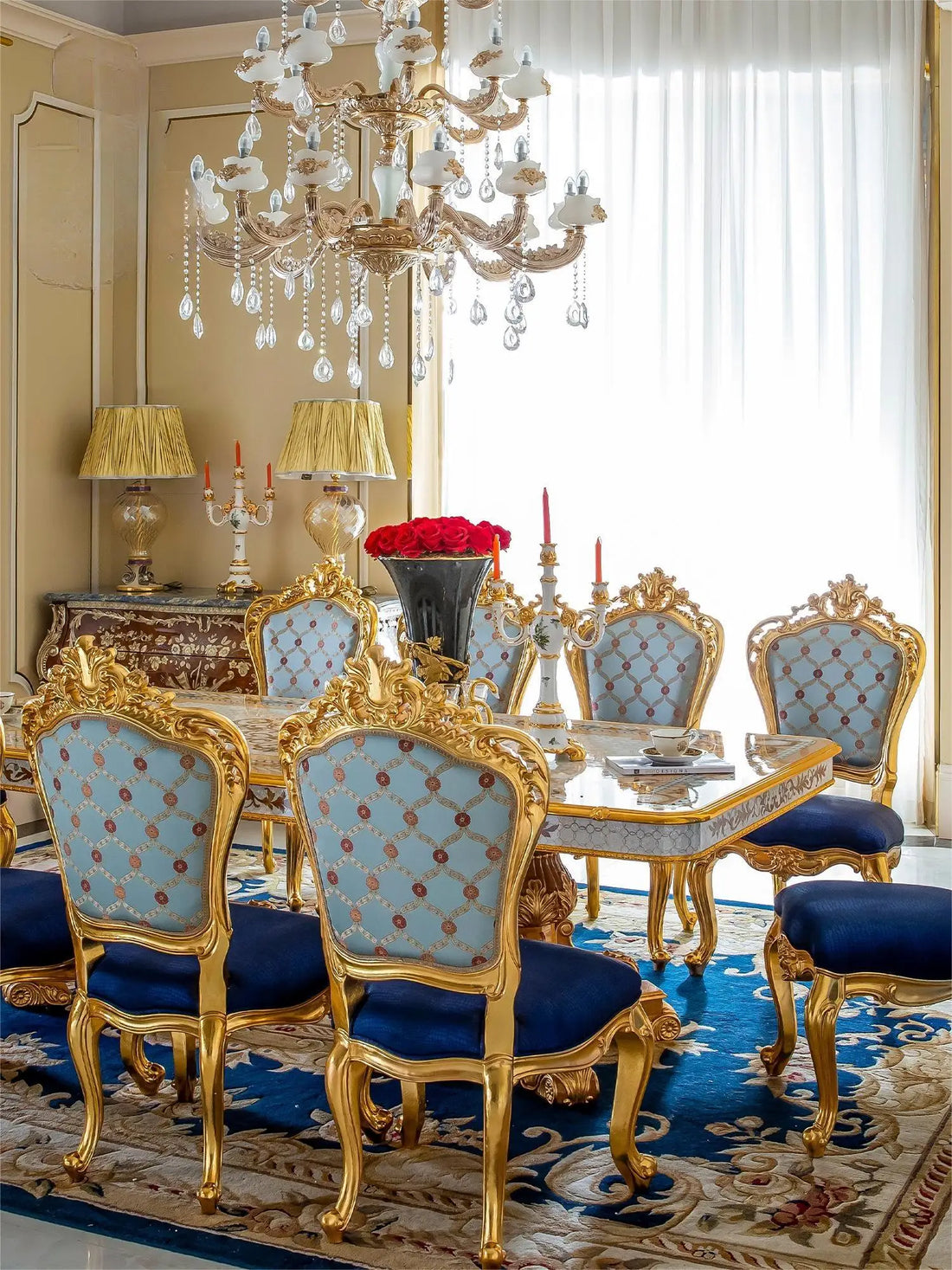 Luxury French long dining table European luxury villa restaurant solid wood carved dining table, dining table