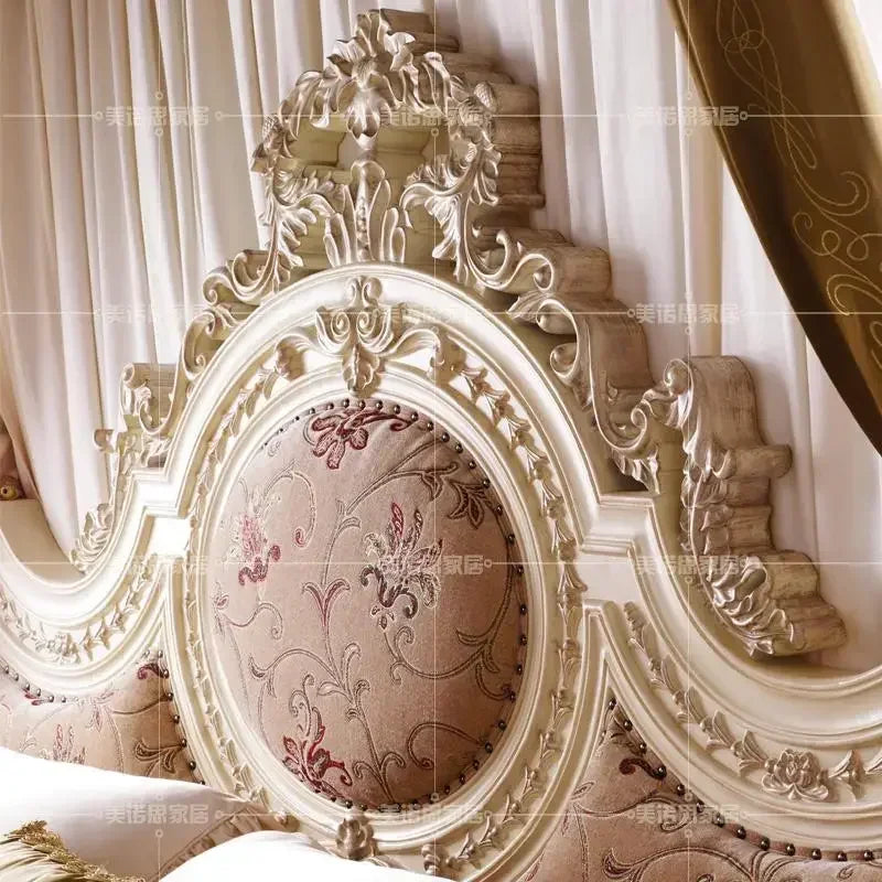 Custom European double bed in French solid wood, featuring intricate carvings