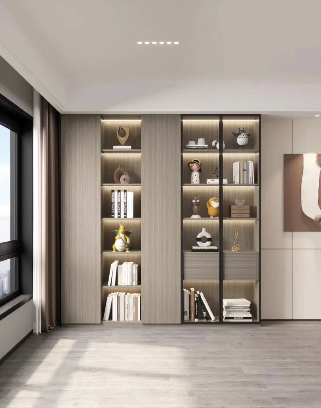 New customizable bookcase made from fireproof boards, luxury library furniture, featuring a wooden, wall-mounted design