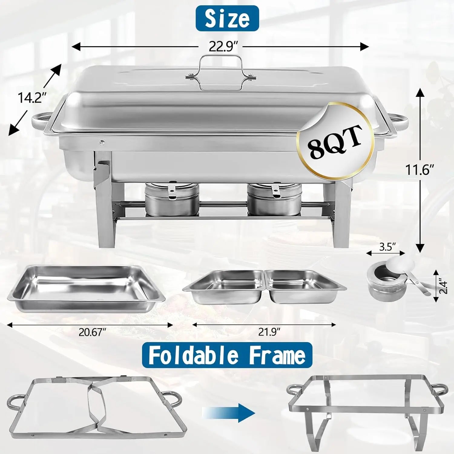 8-Pack Chafing Dish Set – Stainless Steel Buffet Servers with 8QT Half-Size Food Pans, Perfect for Kitchen and Parties