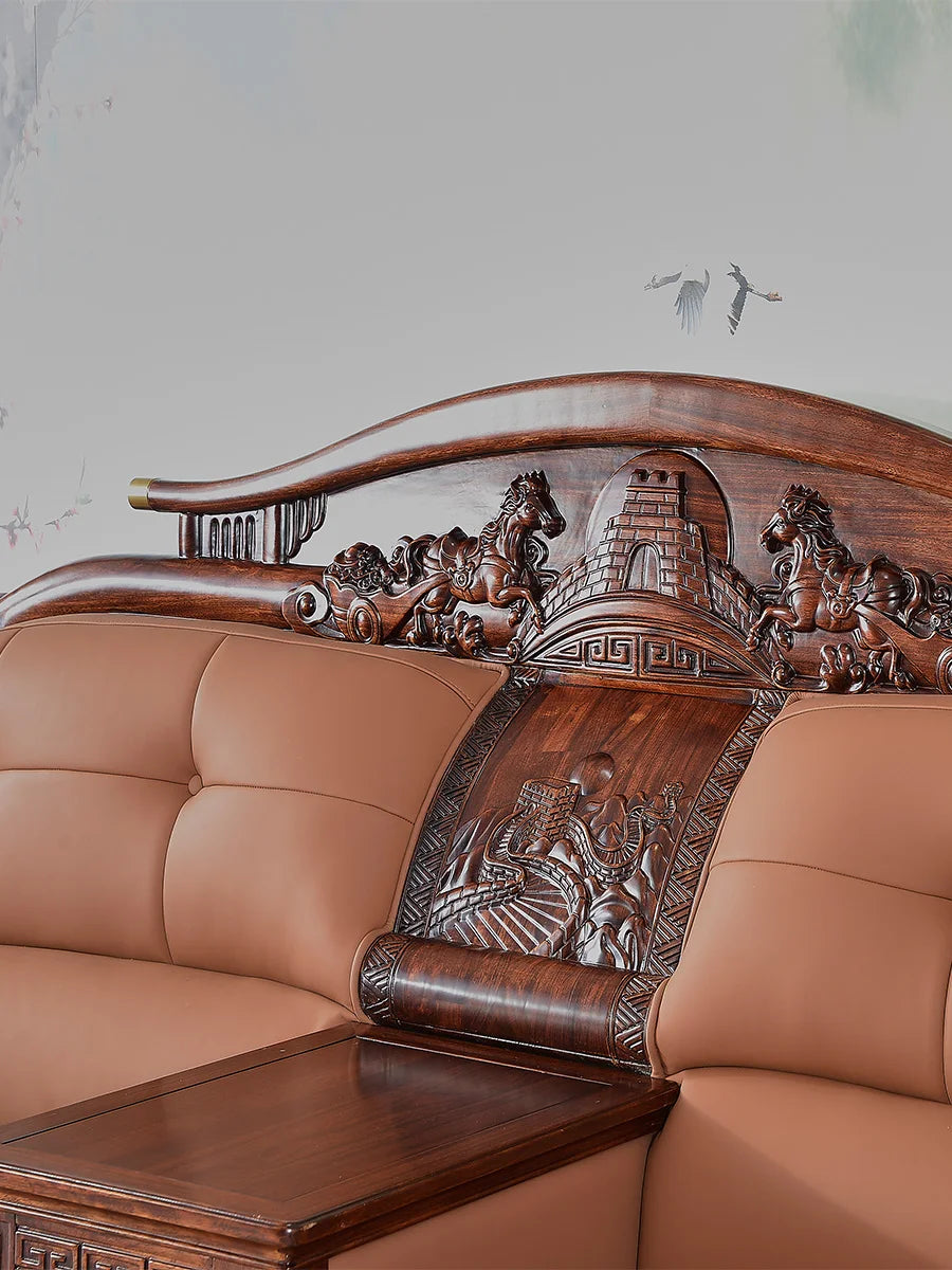 Elegant Wood-Carved Leather Sofa