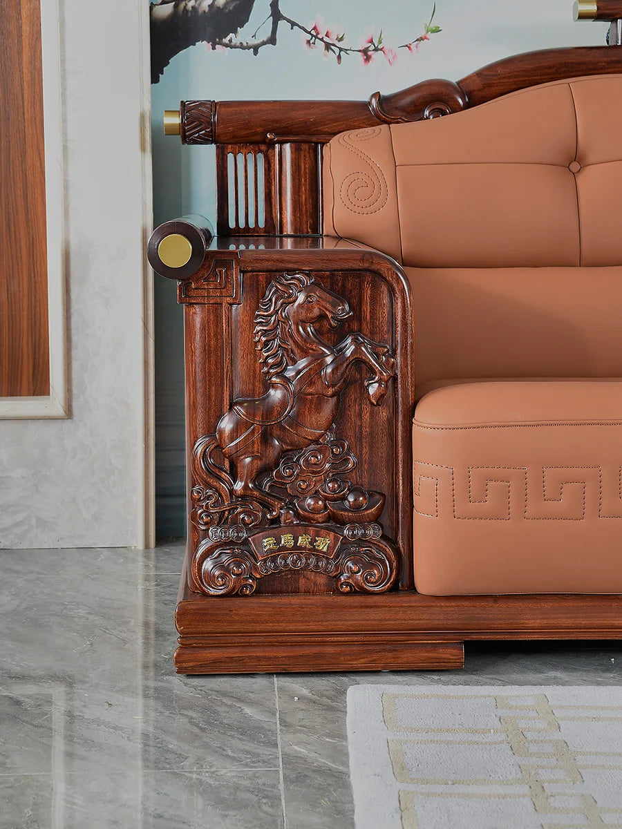 Elegant Wood-Carved Leather Sofa