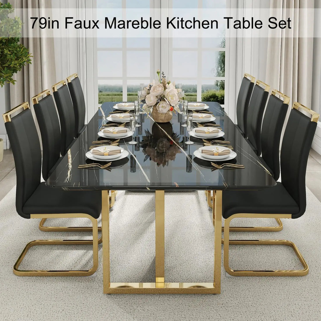 Luxury Dining Table Set with 1.8-inch Thick Faux Marble Table Top&8 Pu Leather Upholstered Chairs Ideal for Dining kicken Room