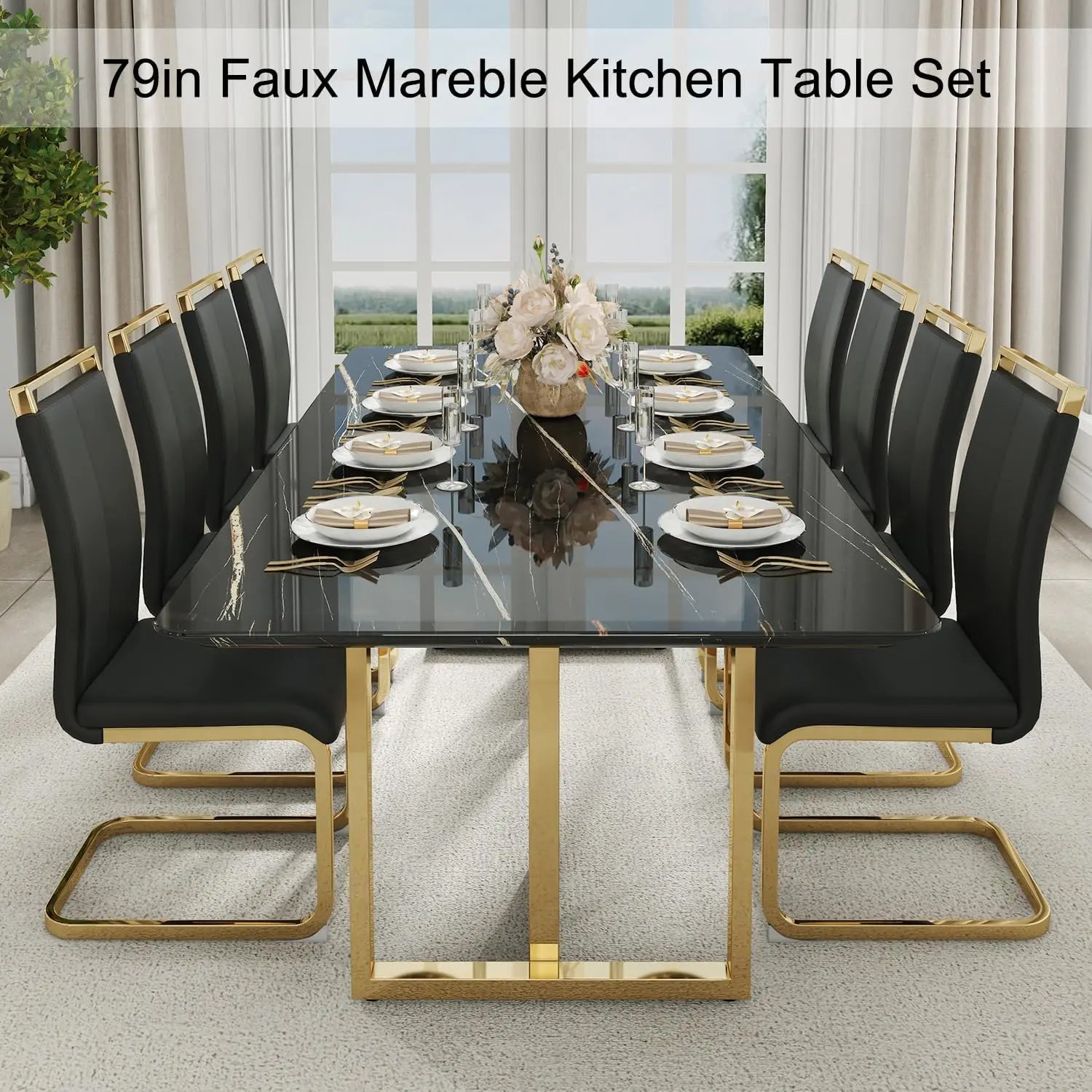 Luxury Dining Table Set with 1.8-inch Thick Faux Marble Table Top&8 Pu Leather Upholstered Chairs Ideal for Dining kicken Room