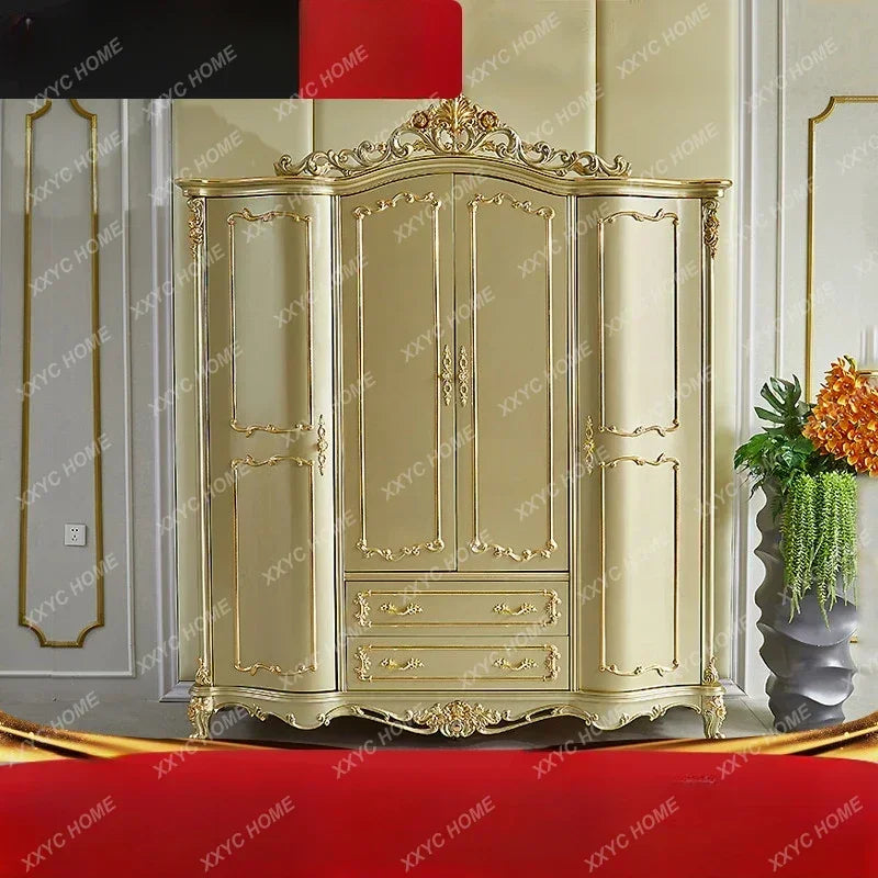European-Style Wood Carved Wardrobe – Luxury Four-Door Villa Furniture in Champagne Gold