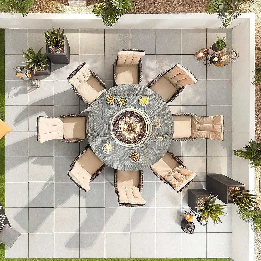 Custom 8-Seat Wicker Rattan Outdoor Dining Set with Round Fire Pit Table
