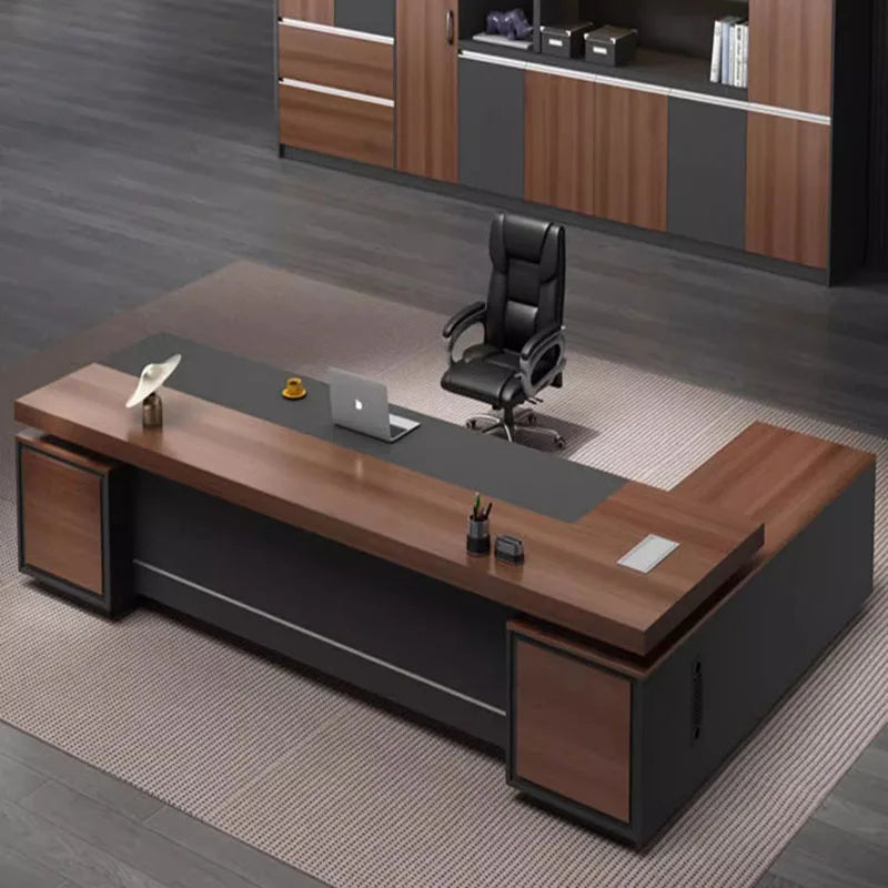 Executive office desk with work drawers, computer and monitor space, corner design, and storage